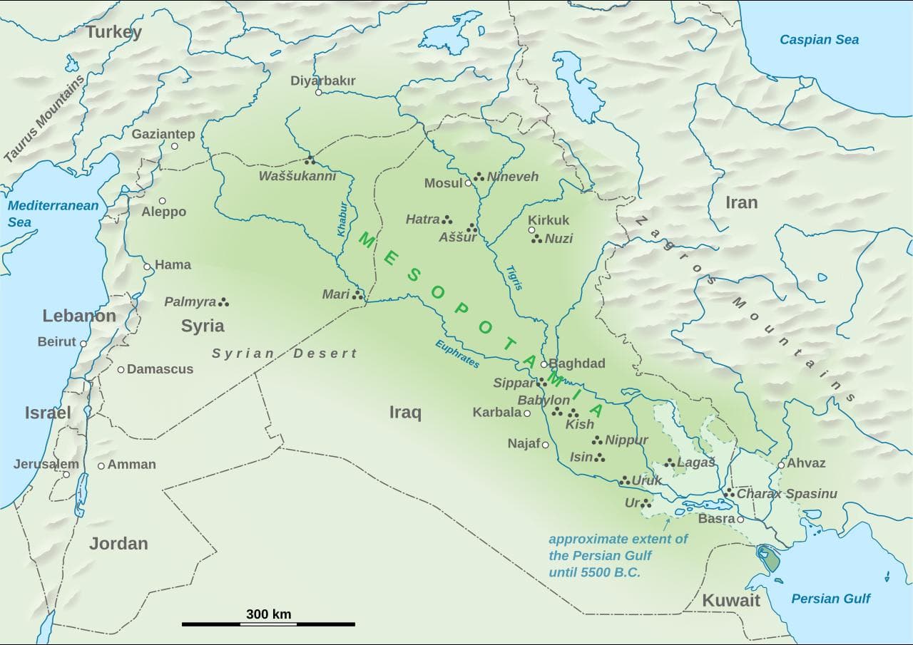 Cartina della Mesopotamia — fiumi Tigri ed Eufrate, città sumere